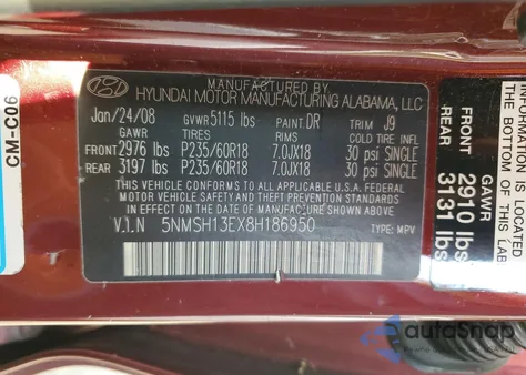 2008 Hyundai Santa Fe Se из США, поврежденный, VIN 5NMSH13EX8H186950